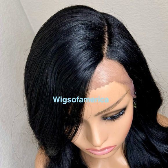Black wig lace from side part medium length 16 inches long Heat ok main image 5